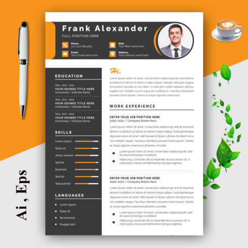 Black Sidebar Layout with Resume cover image.