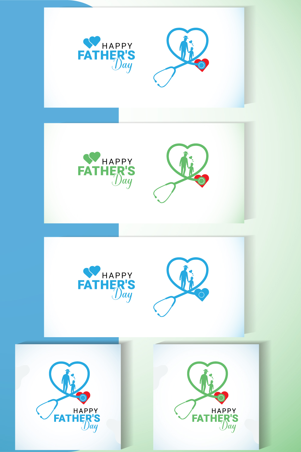 Father’s Day Medical Vector Set – Stethoscope Heart with Dad and Child Silhouette (AI, EPS, JPEG) pinterest preview image.