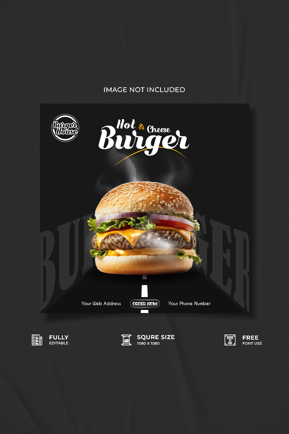 Restaurant burger social media post design pinterest preview image.