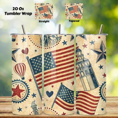 4th Of July Vintage Americana Seamless Tumbler Wrap - 3D Retro Patriotic Icons, 20oz Skinny Sublimation Design, American Flag Floral Art, Independence Day Tumbler Wrap, Fourth of July Floral Gift, USA Patriotic Flower Wrap cover image.
