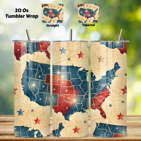 4th Of July Map Seamless Tumbler Wrap - 3D Vintage USA with Stars, 3D Floral Patriotic Tumbler Wrap, 20oz Skinny Sublimation Design, American Flag Floral Art, Independence Day Tumbler Wrap, Fourth of July Floral Gift, USA Patriotic Flower Wrap cover image.