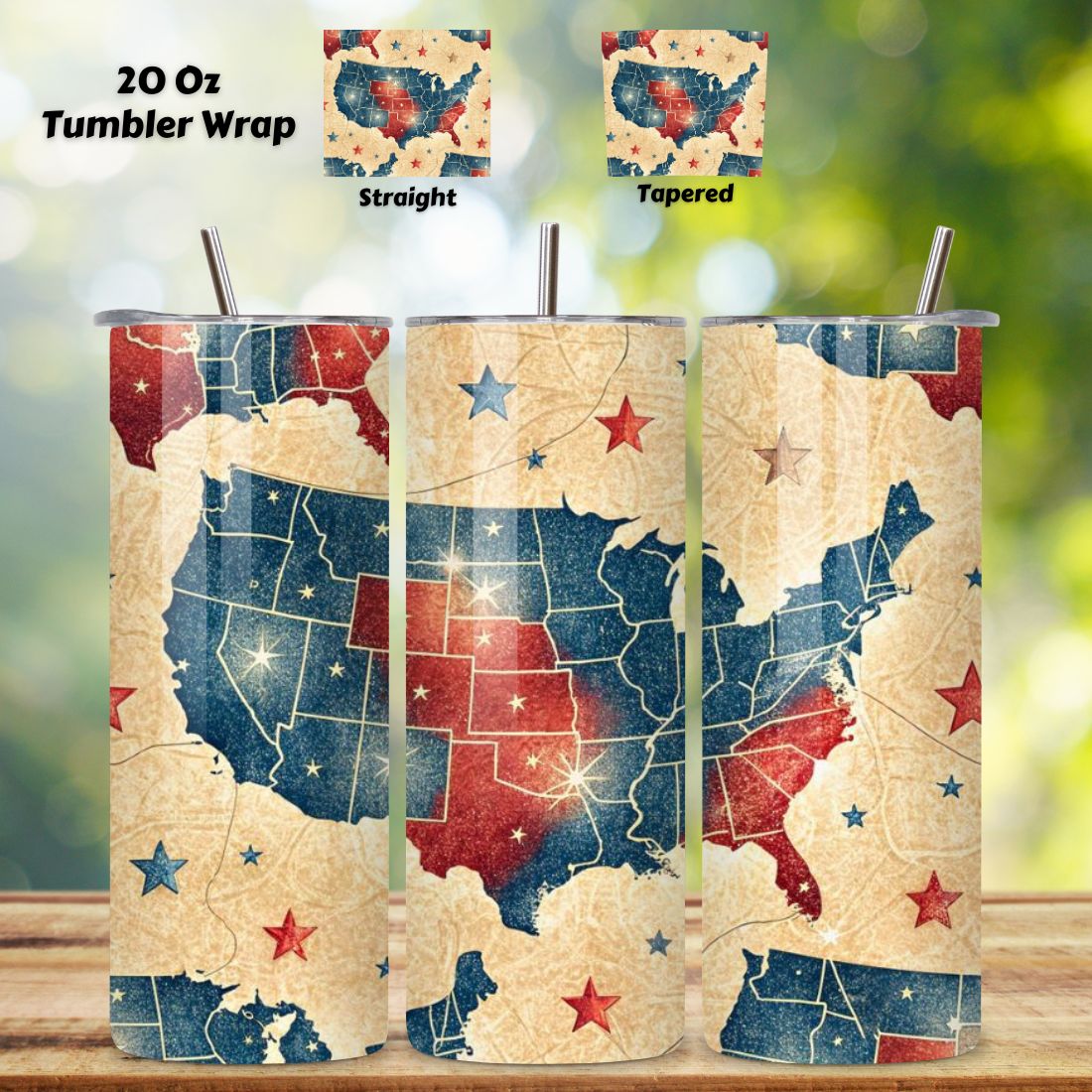 4th Of July Map Seamless Tumbler Wrap - 3D Vintage USA with Stars, 3D Floral Patriotic Tumbler Wrap, 20oz Skinny Sublimation Design, American Flag Floral Art, Independence Day Tumbler Wrap, Fourth of July Floral Gift, USA Patriotic Flower Wrap cover image.
