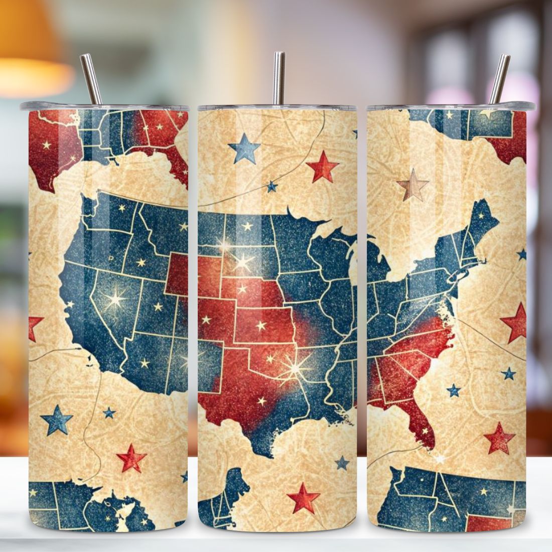 4th Of July Map Seamless Tumbler Wrap - 3D Vintage USA with Stars, 3D Floral Patriotic Tumbler Wrap, 20oz Skinny Sublimation Design, American Flag Floral Art, Independence Day Tumbler Wrap, Fourth of July Floral Gift, USA Patriotic Flower Wrap preview image.