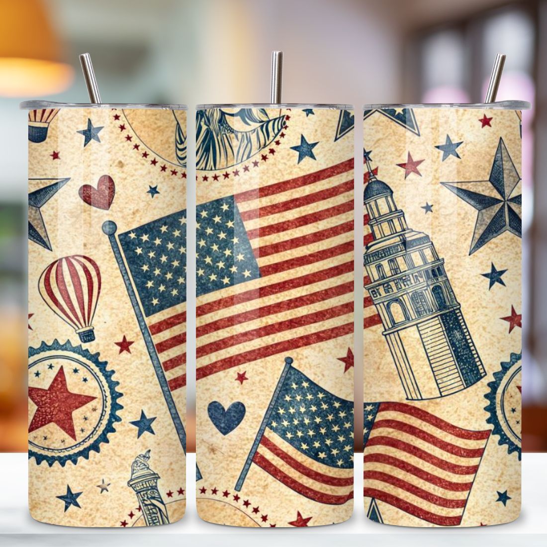 4th Of July Vintage Americana Seamless Tumbler Wrap - 3D Retro Patriotic Icons, 20oz Skinny Sublimation Design, American Flag Floral Art, Independence Day Tumbler Wrap, Fourth of July Floral Gift, USA Patriotic Flower Wrap preview image.