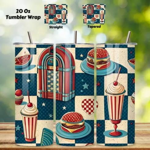 4th Of July Retro Diner Seamless Tumbler Wrap - 3D Patriotic Milkshake & Stars, 20oz Skinny Sublimation Design, American Flag Floral Art, Independence Day Tumbler Wrap, Fourth of July Floral Gift, USA Patriotic Flower Wrap cover image.