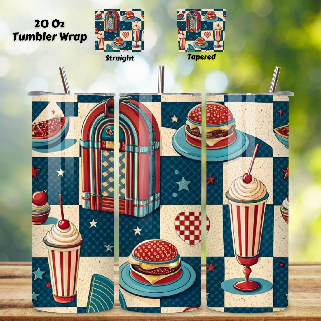 4th Of July Retro Diner Seamless Tumbler Wrap - 3D Patriotic Milkshake & Stars, 20oz Skinny Sublimation Design, American Flag Floral Art, Independence Day Tumbler Wrap, Fourth of July Floral Gift, USA Patriotic Flower Wrap cover image.