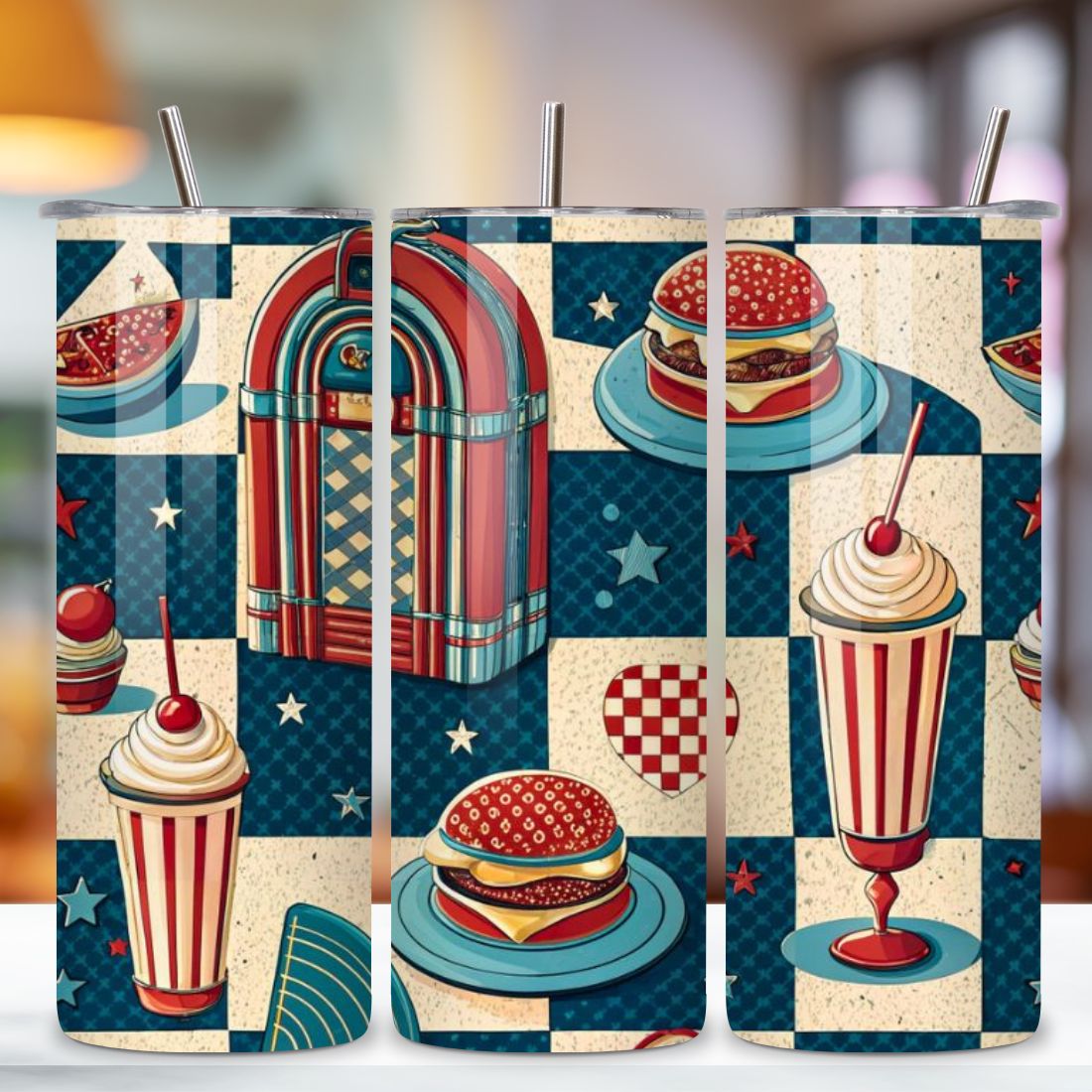 4th Of July Retro Diner Seamless Tumbler Wrap - 3D Patriotic Milkshake & Stars, 20oz Skinny Sublimation Design, American Flag Floral Art, Independence Day Tumbler Wrap, Fourth of July Floral Gift, USA Patriotic Flower Wrap preview image.