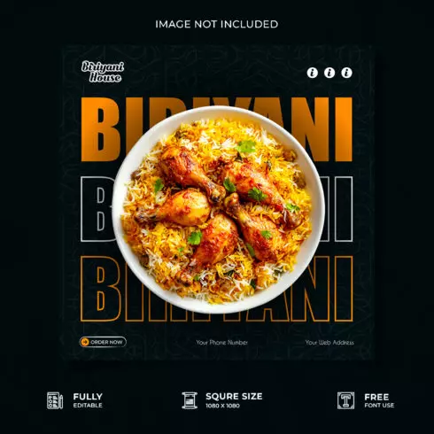 Restaurant biriyani food menu advertisement social media post design cover image.