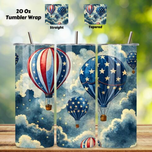 4th Of July Balloon Seamless Tumbler Wrap - 3D Patriotic Floating Decor, 3D Floral Patriotic Tumbler Wrap, 20oz Skinny Sublimation Design, American Flag Floral Art, Independence Day Tumbler Wrap, Fourth of July Floral Gift, USA Patriotic Flower Wrap cover image.