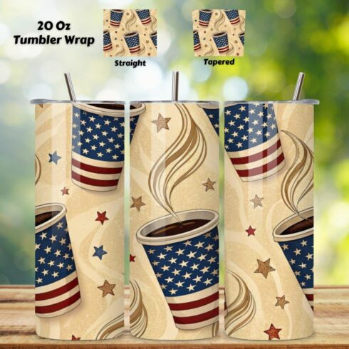 4th Of July Coffee Lovers Seamless Tumbler Wrap - 3D Patriotic Mug & Beans, 20oz Skinny Sublimation Design, American Flag Floral Art, Independence Day Tumbler Wrap, Fourth of July Floral Gift, USA Patriotic Flower Wrap cover image.
