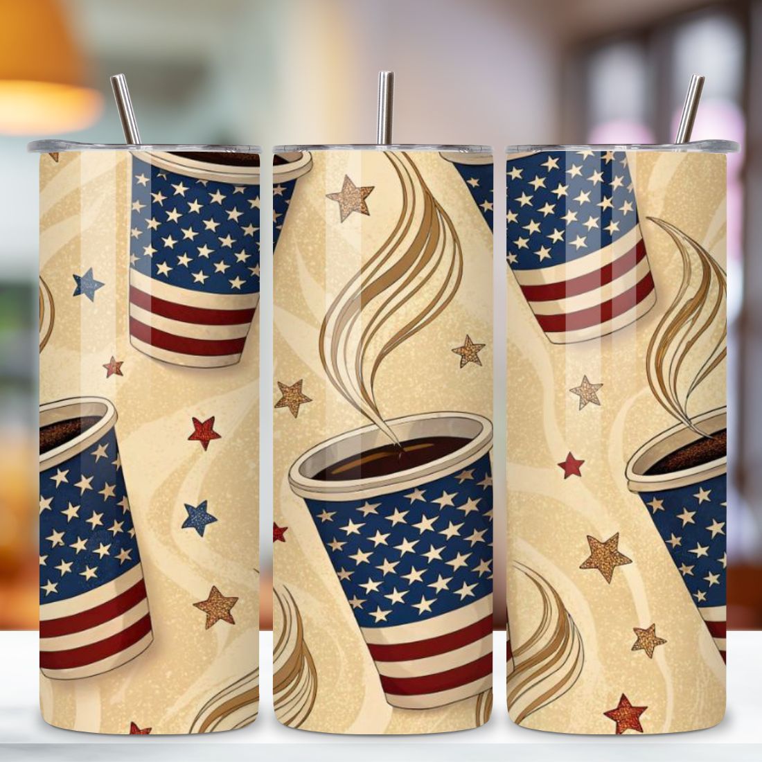 4th Of July Coffee Lovers Seamless Tumbler Wrap - 3D Patriotic Mug & Beans, 20oz Skinny Sublimation Design, American Flag Floral Art, Independence Day Tumbler Wrap, Fourth of July Floral Gift, USA Patriotic Flower Wrap preview image.