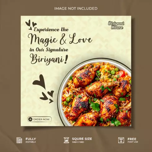 Restaurant biriyani food social media post design cover image.