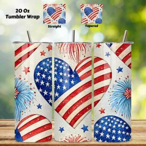4th Of July Heart Patriot Seamless Tumbler Wrap - 3D Love & Firework Explosion, 20oz Skinny Sublimation Design, American Flag Floral Art, Independence Day Tumbler Wrap, Fourth of July Floral Gift, USA Patriotic Flower Wrap cover image.