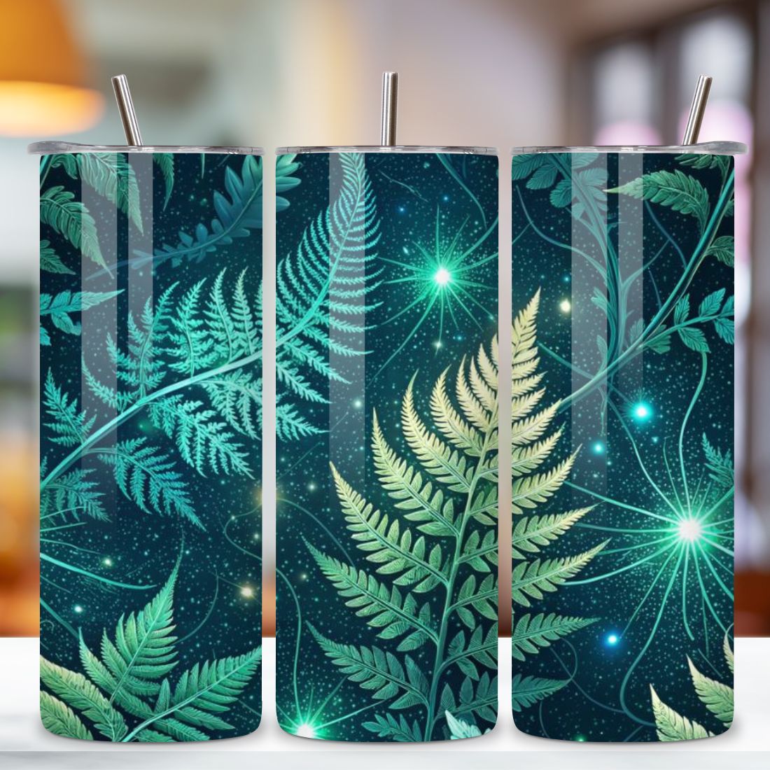3D Digital Detox Forest Seamless Tumbler Wrap - Holographic Foliage & Neural Pathways, 20oz Skinny Sublimation Design preview image.