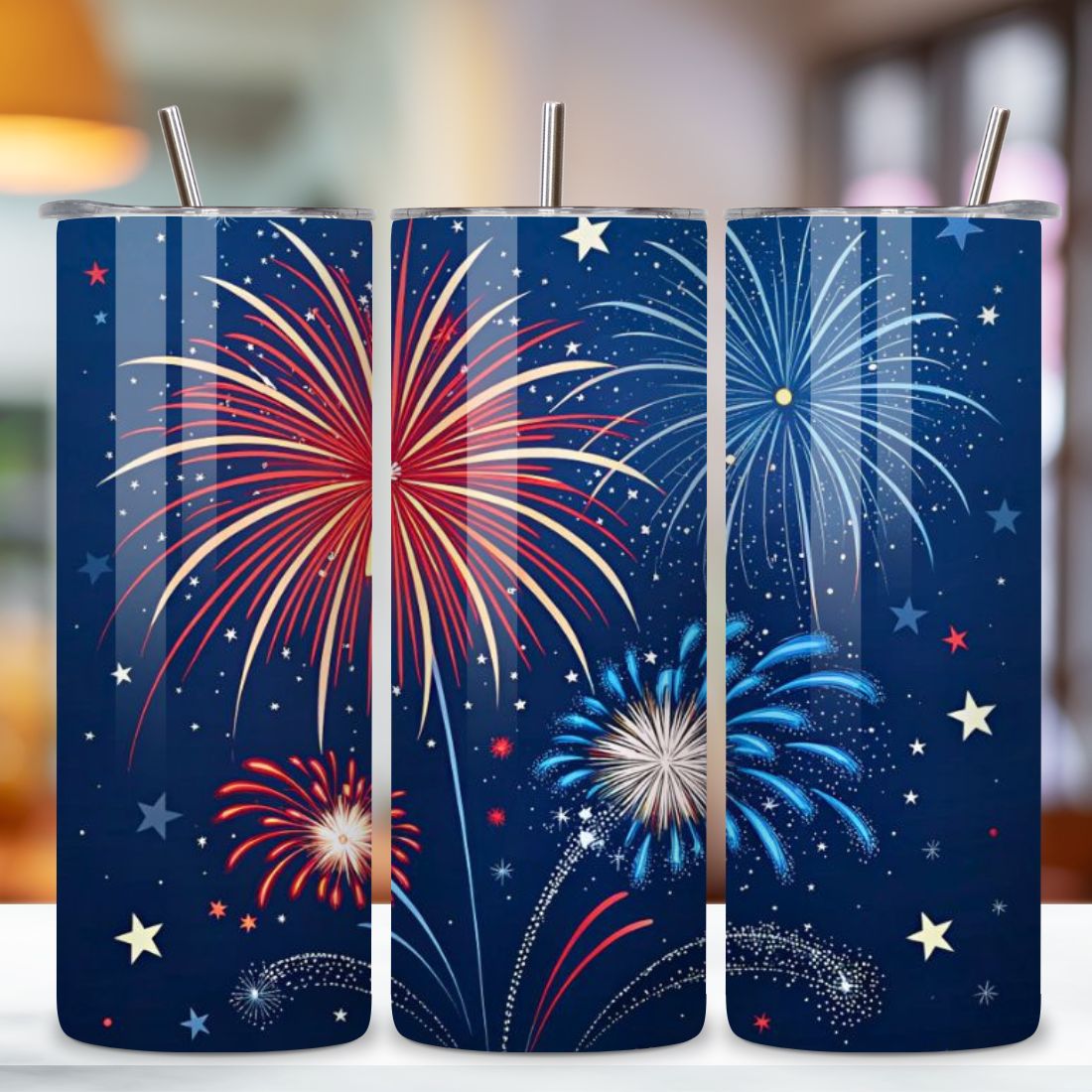 4th Of July Fireworks Burst Seamless Tumbler Wrap - 3D Red White Blue Explosions, 3D Floral Patriotic Tumbler Wrap, 20oz Skinny Sublimation Design, American Flag Floral Art, Independence Day Tumbler Wrap, Fourth of July Floral Gift, USA Patriotic Flower Wrap preview image.