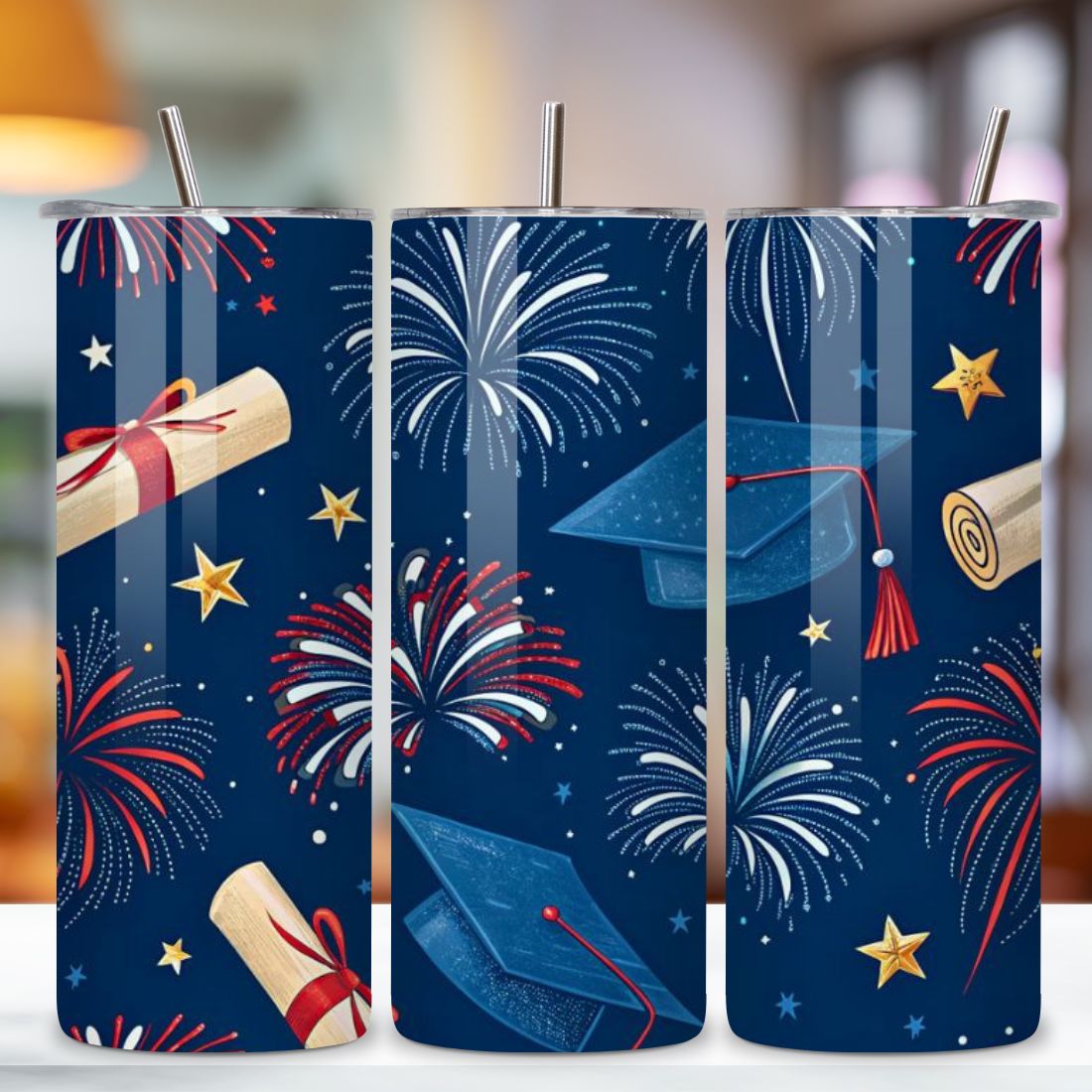 4th Of July Graduation Stars Seamless Tumbler Wrap - 3D Cap & Firework Combo, 20oz Skinny Sublimation Design, American Flag Floral Art, Independence Day Tumbler Wrap, Fourth of July Floral Gift, USA Patriotic Flower Wrap preview image.