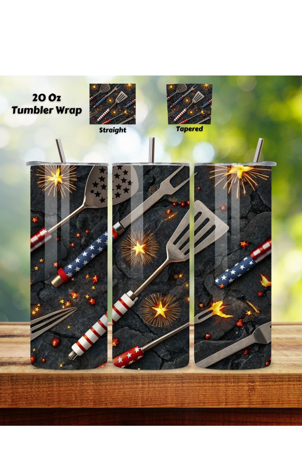 4th Of July Fathers Day Seamless Tumbler Wrap - 3D Grill Tools & Fireworks, 20oz Skinny Sublimation Design, American Flag Floral Art, Independence Day Tumbler Wrap, Fourth of July Floral Gift, USA Patriotic Flower Wrap pinterest preview image.