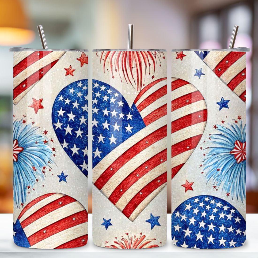 4th Of July Heart Patriot Seamless Tumbler Wrap - 3D Love & Firework Explosion, 20oz Skinny Sublimation Design, American Flag Floral Art, Independence Day Tumbler Wrap, Fourth of July Floral Gift, USA Patriotic Flower Wrap preview image.
