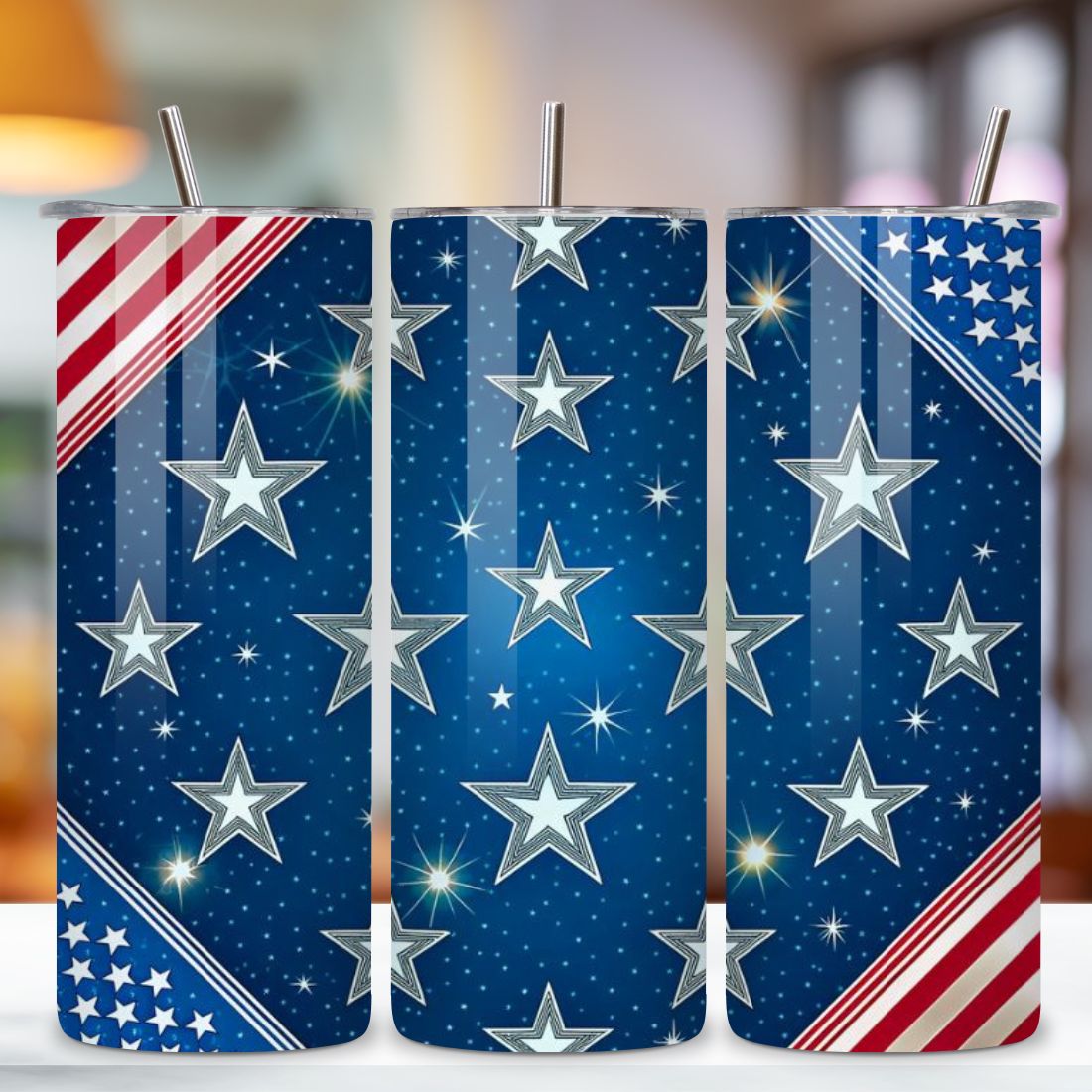 4th Of July Star Spangled Seamless Tumbler Wrap - 3D Glowing Patriotic Background, 3D Floral Patriotic Tumbler Wrap, 20oz Skinny Sublimation Design, American Flag Floral Art, Independence Day Tumbler Wrap, Fourth of July Floral Gift, USA Patriotic Flower Wrap preview image.