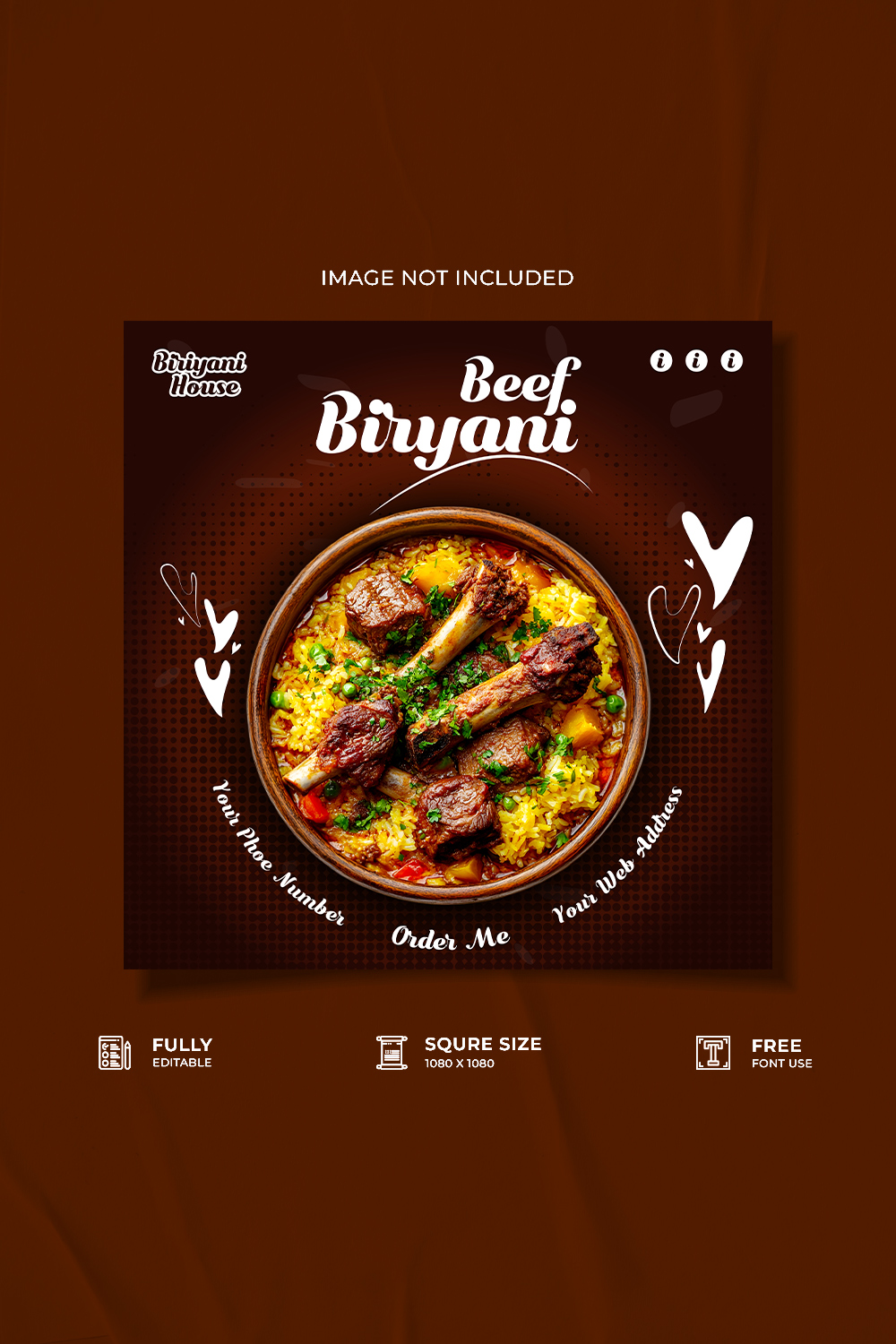 Biriyani restaurant promotional social media post pinterest preview image.