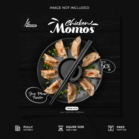 Momo restaurant food social media post design cover image.