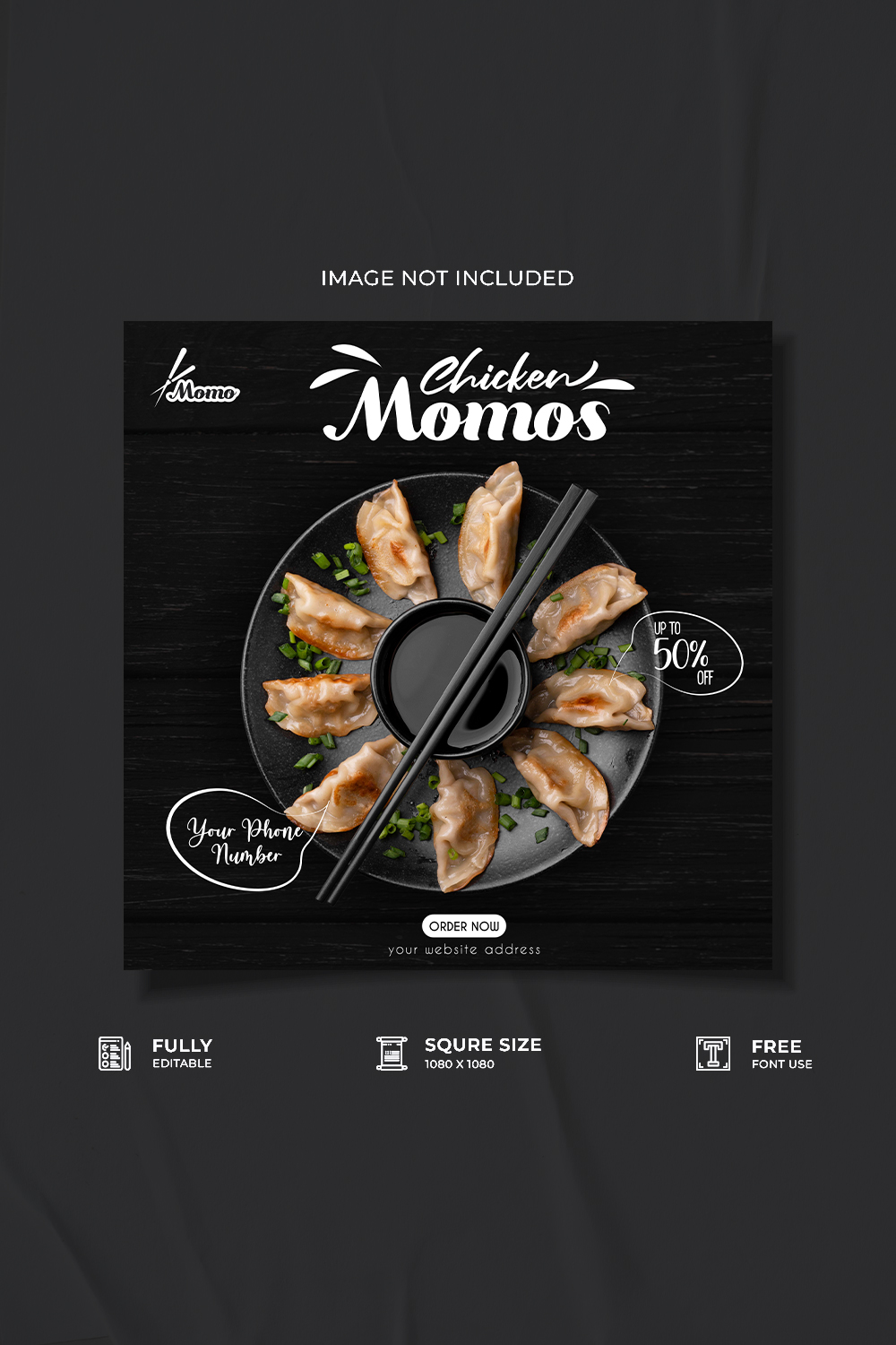 Momo restaurant food social media post design pinterest preview image.