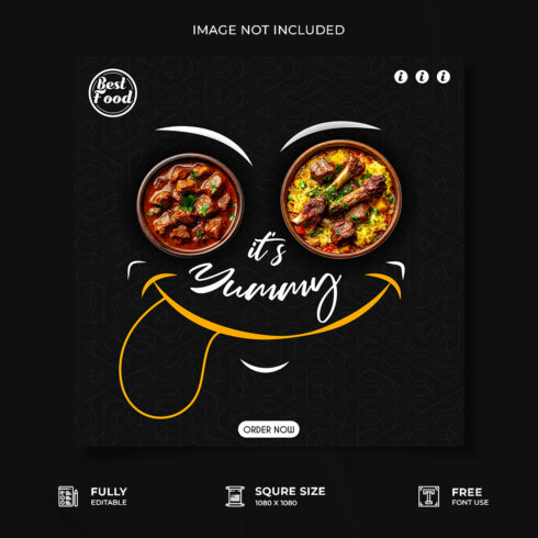 Yummy restaurant food menun social media post design cover image.