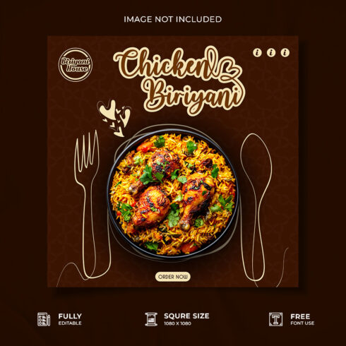 Biriyani restaurant food social media post design cover image.