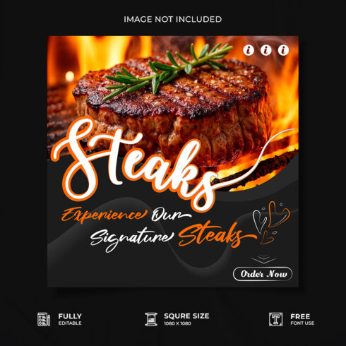 Steak restaurant food menu advertisement social media poster template cover image.