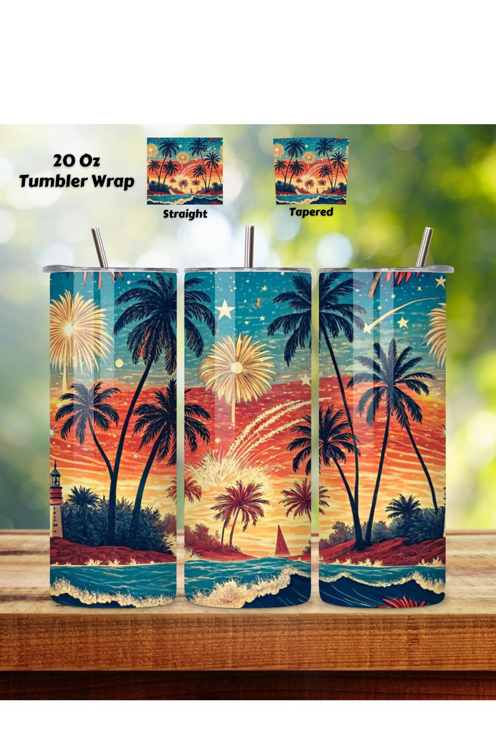 4th Of July Summer Beach Seamless Tumbler Wrap - 3D Ocean & Firework Fusion, 20oz Skinny Sublimation Design, American Flag Floral Art, Independence Day Tumbler Wrap, Fourth of July Floral Gift, USA Patriotic Flower Wrap pinterest preview image.