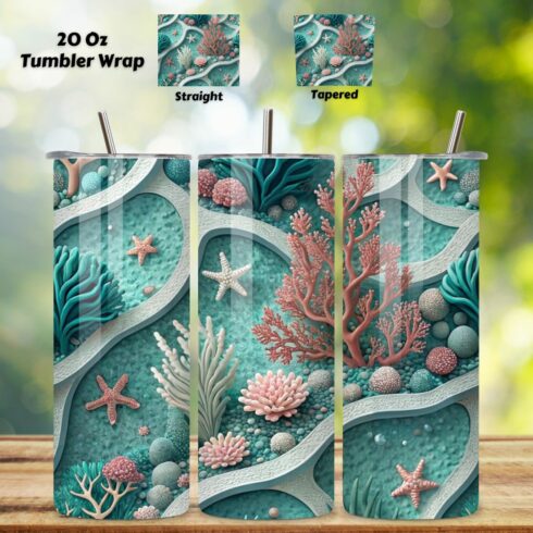 3D Zero-Waste Ocean Seamless Tumbler Wrap - Recycled Plastic Texture & Coral Revival, 20 oz Skinny Sublimation PNG, seamless design, skinny tumbler, sublimation tumbler, tumbler design cover image.