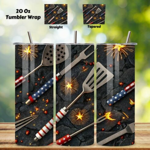 4th Of July Fathers Day Seamless Tumbler Wrap - 3D Grill Tools & Fireworks, 20oz Skinny Sublimation Design, American Flag Floral Art, Independence Day Tumbler Wrap, Fourth of July Floral Gift, USA Patriotic Flower Wrap cover image.