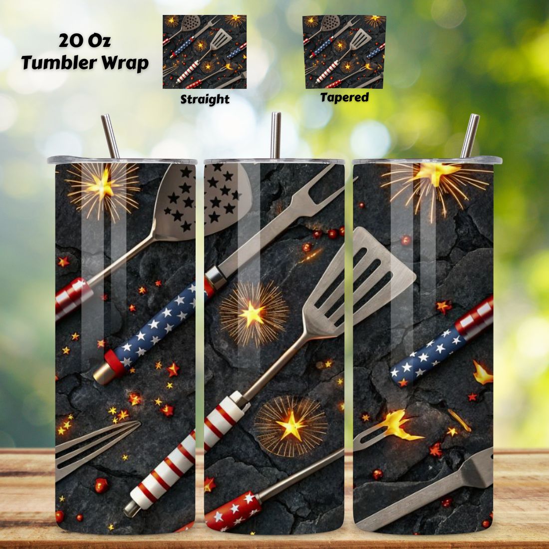 4th Of July Fathers Day Seamless Tumbler Wrap - 3D Grill Tools & Fireworks, 20oz Skinny Sublimation Design, American Flag Floral Art, Independence Day Tumbler Wrap, Fourth of July Floral Gift, USA Patriotic Flower Wrap cover image.