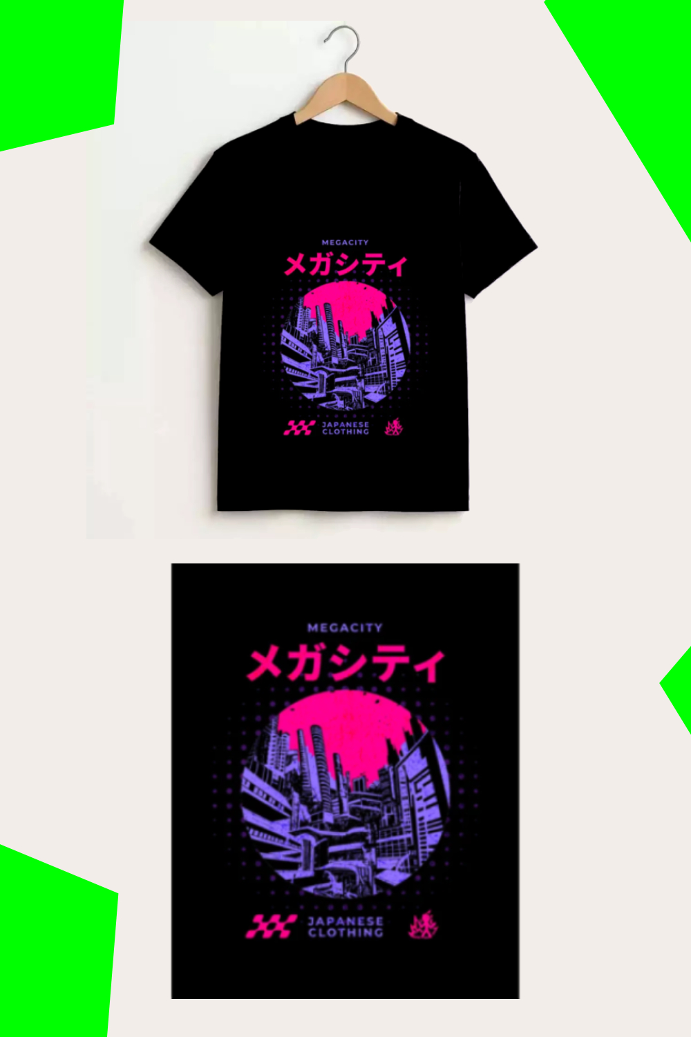 Megacity Japanese Apparel - Neon Dystopia T-Shirt Design pinterest preview image.