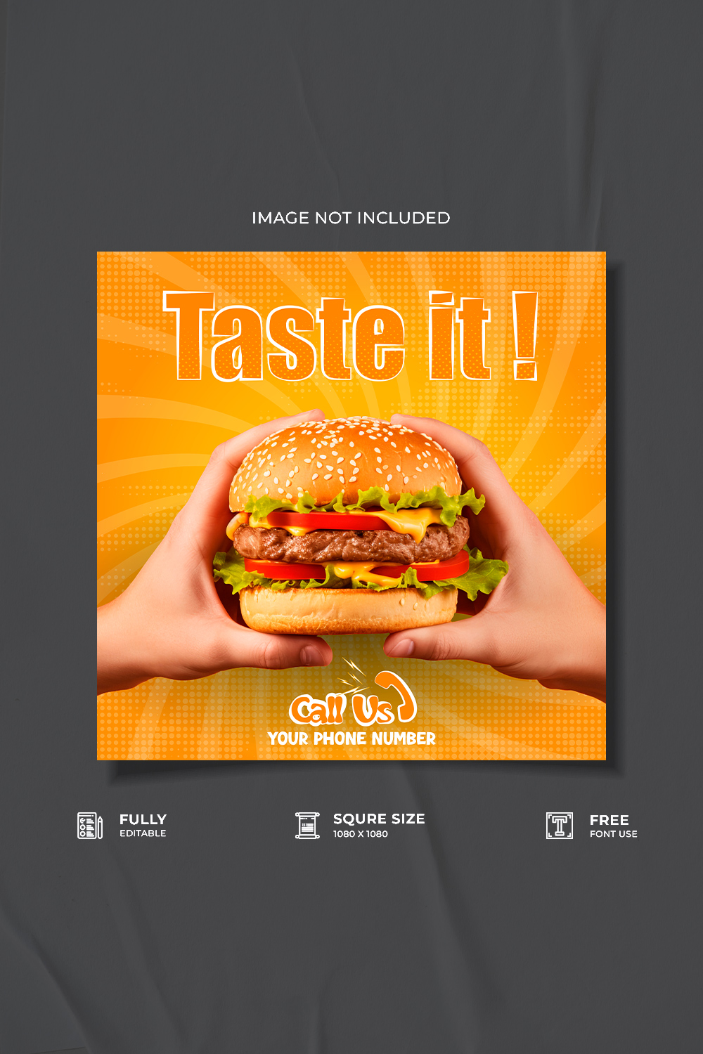 Taste it restaurant new burger advertisement social media post design pinterest preview image.