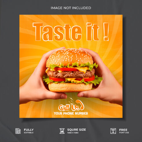Taste it restaurant new burger advertisement social media post design cover image.