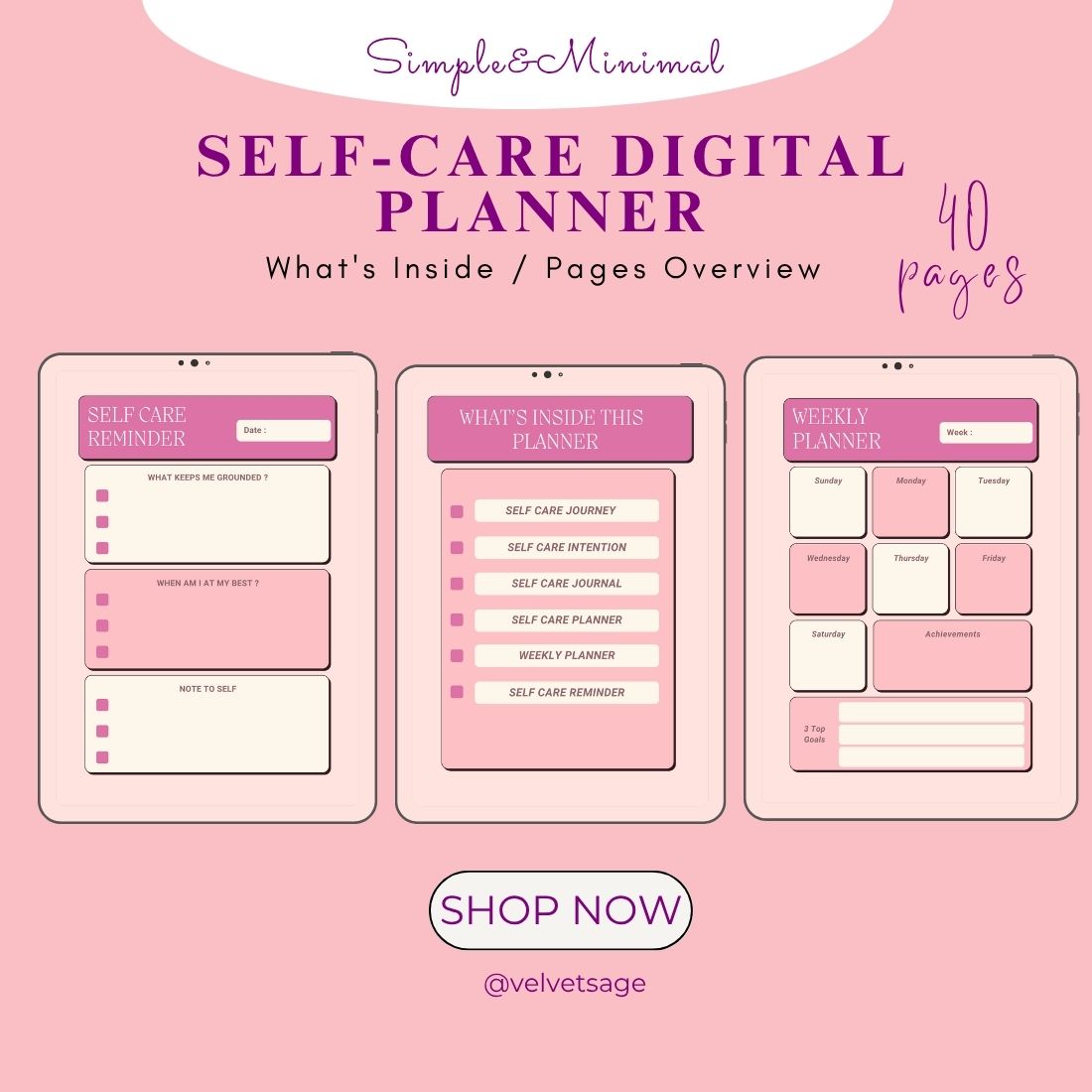Self-Care Monthly Planner – 40 Pages Digital Bundle | Canva Editable PDF Template preview image.