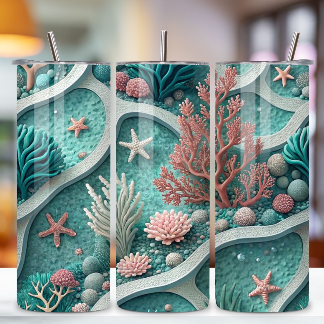 3D Zero-Waste Ocean Seamless Tumbler Wrap - Recycled Plastic Texture & Coral Revival, 20 oz Skinny Sublimation PNG, seamless design, skinny tumbler, sublimation tumbler, tumbler design preview image.