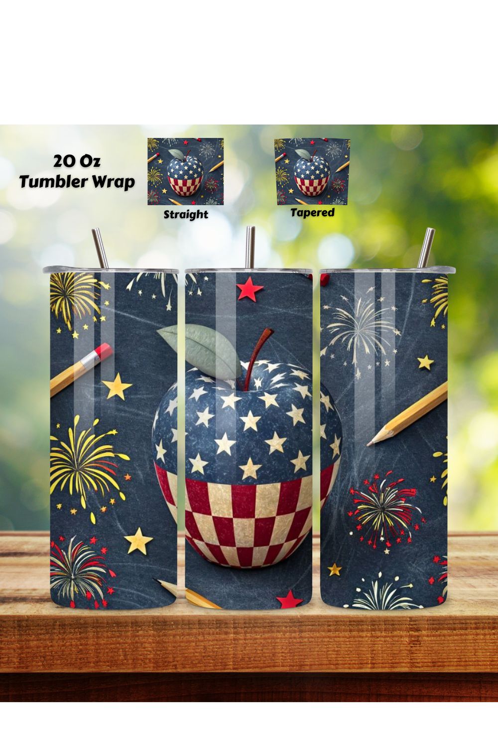 4th Of July Teacher Appreciation Seamless Tumbler Wrap - 3D Apple & Star Blend, 20oz Skinny Sublimation Design, American Flag Floral Art, Independence Day Tumbler Wrap, Fourth of July Floral Gift, USA Patriotic Flower Wrap pinterest preview image.