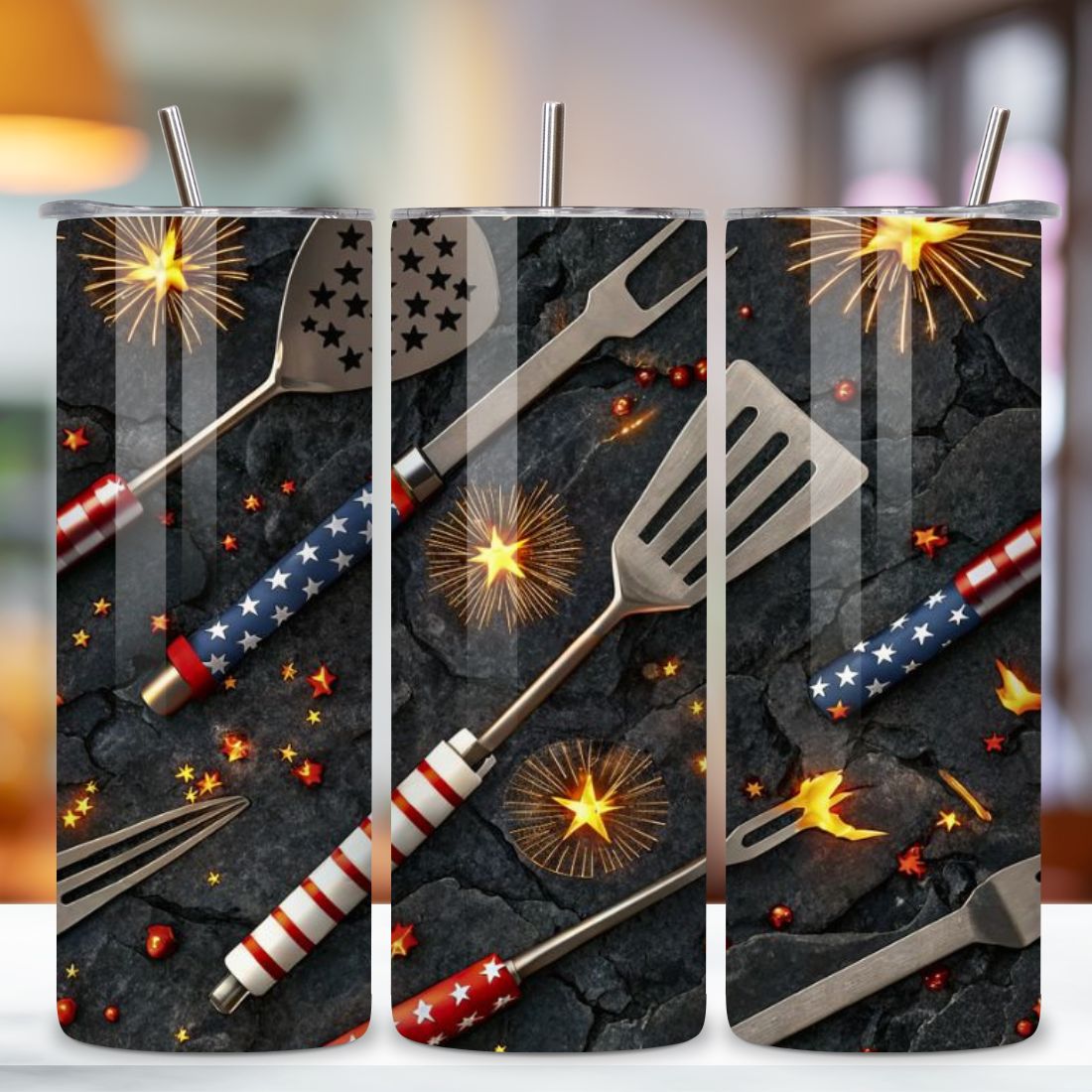 4th Of July Fathers Day Seamless Tumbler Wrap - 3D Grill Tools & Fireworks, 20oz Skinny Sublimation Design, American Flag Floral Art, Independence Day Tumbler Wrap, Fourth of July Floral Gift, USA Patriotic Flower Wrap preview image.