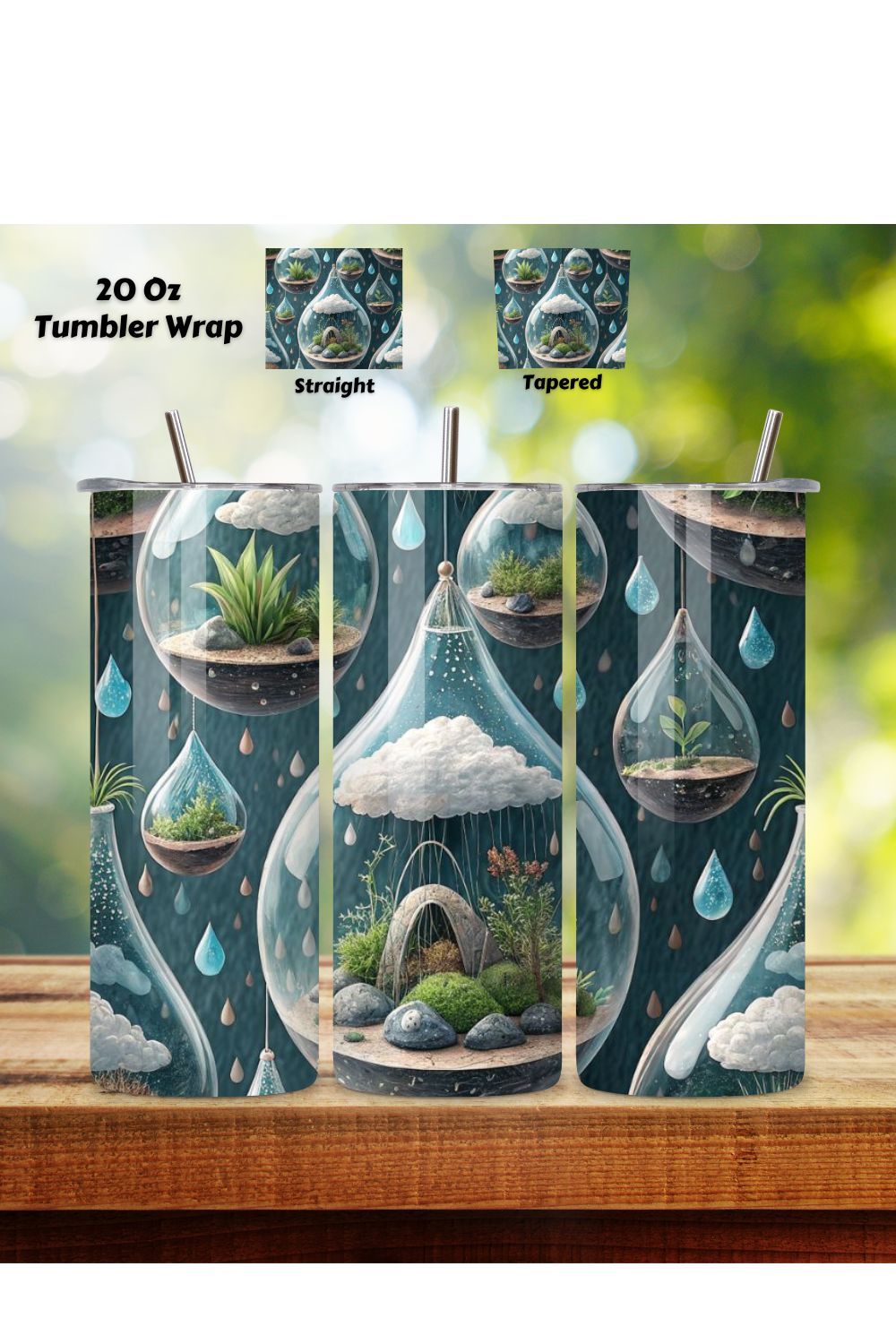3D Biophilic Cloud Seamless Tumbler Wrap - Floating Terrariums & Raindrop Physics, 20 oz Skinny Sublimation PNG, seamless design, skinny tumbler, sublimation tumbler, tumbler design pinterest preview image.