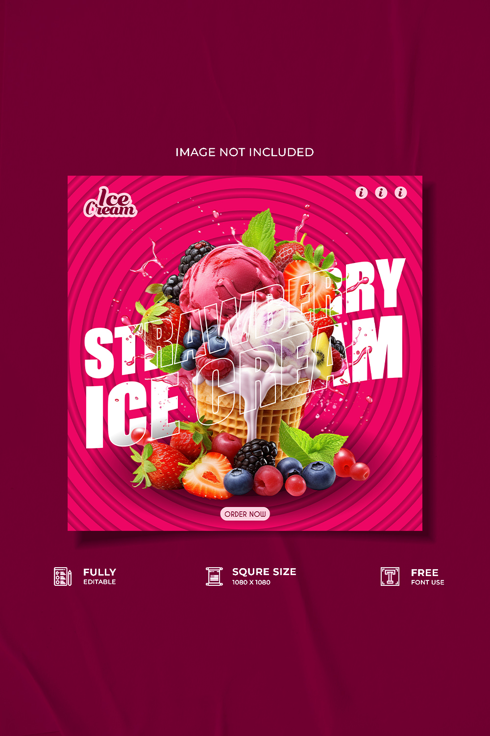 strawberry ice cream restaurant advertisement social media poster template pinterest preview image.