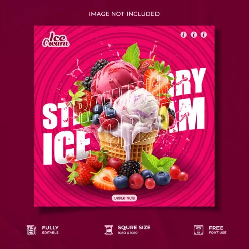 strawberry ice cream restaurant advertisement social media poster template cover image.