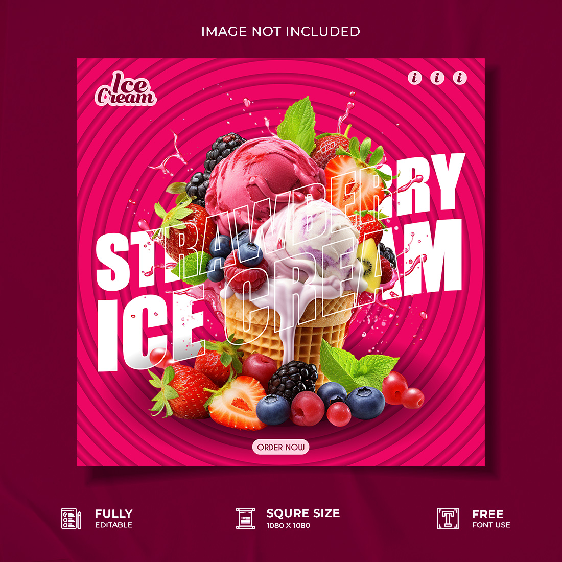 strawberry ice cream restaurant advertisement social media poster template cover image.