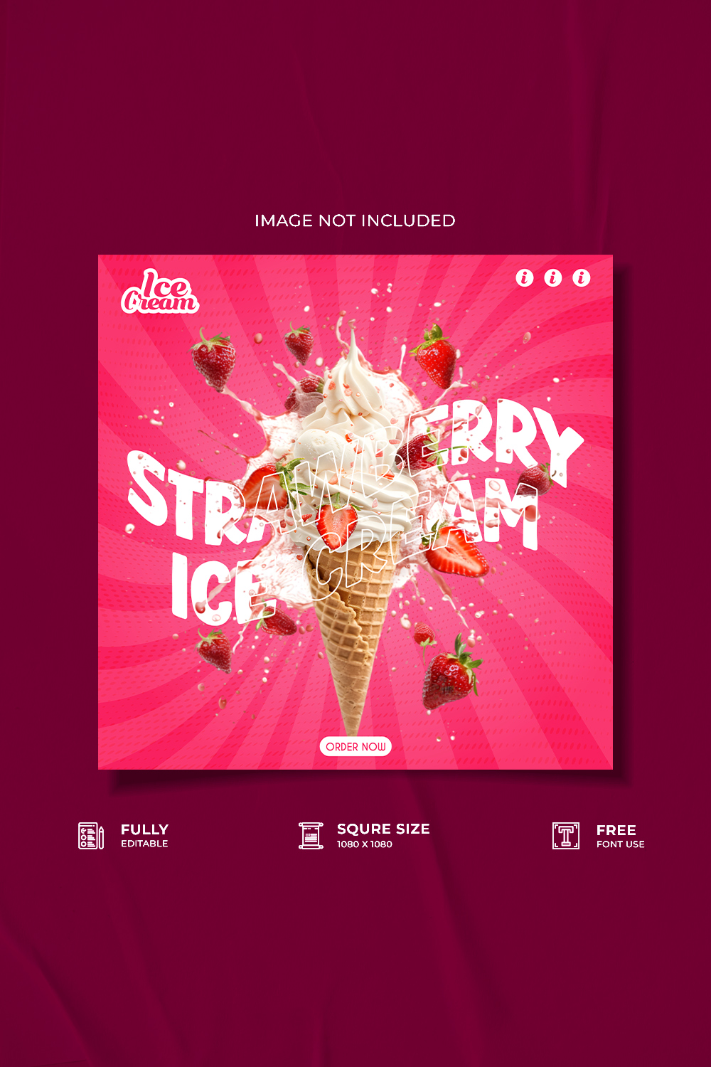 strawberry ice cream restaurant advertisement social media poster template pinterest preview image.