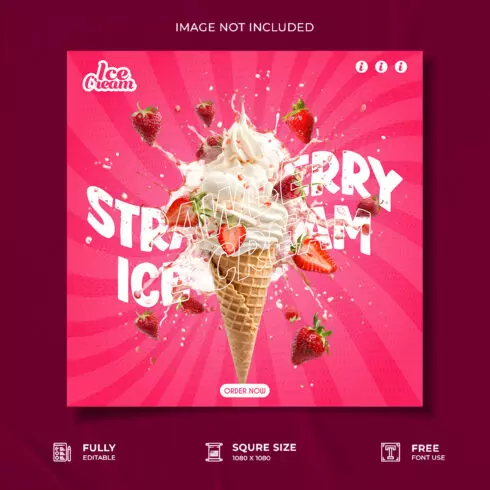 strawberry ice cream restaurant advertisement social media poster template cover image.