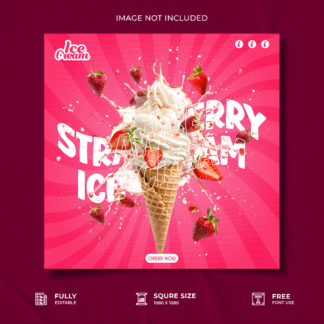 strawberry ice cream restaurant advertisement social media poster template preview image.