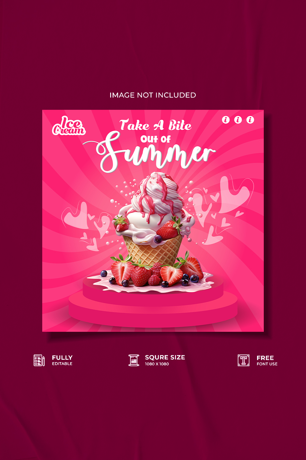 strawberry ice cream restaurant advertisement social media poster template pinterest preview image.
