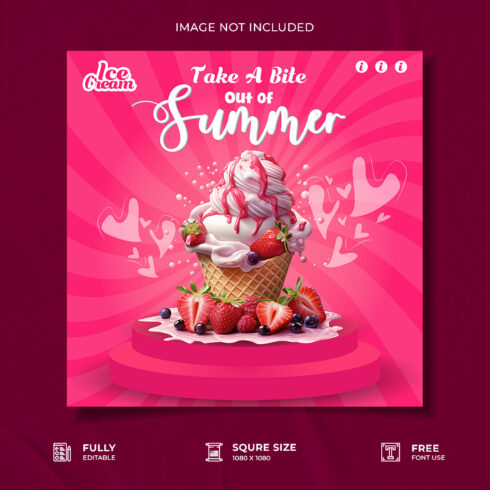 strawberry ice cream restaurant advertisement social media poster template cover image.