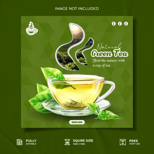 Restaurant green tea promotional web social media poster design cover image.